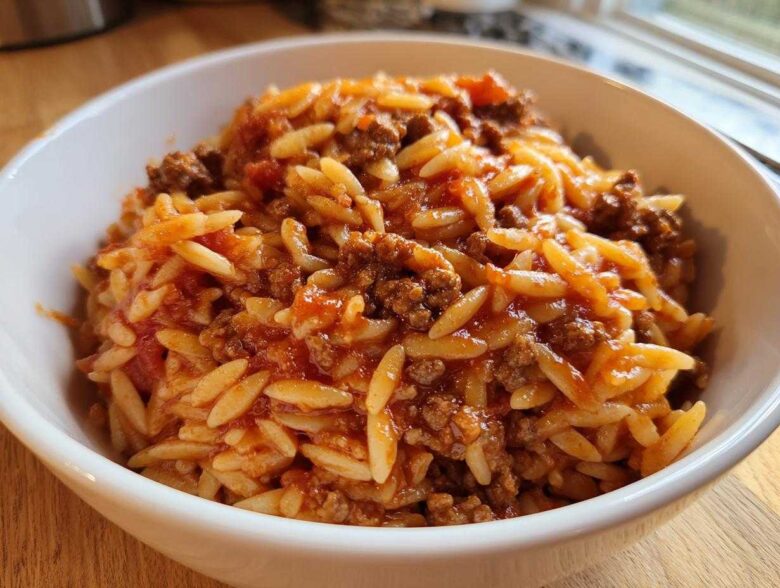 Close-up of a white bowl filled with savory Ground Beef Orzo in Tomato Sauce, featuring rice-shaped pasta and seasoned ground meat.