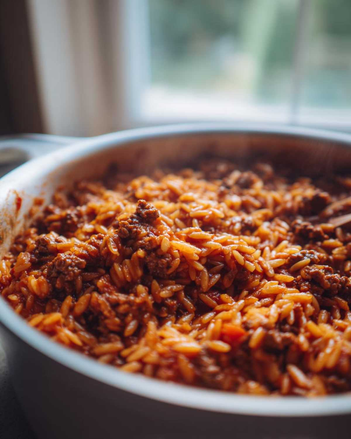 Close-up of steaming Ground Beef Orzo in Tomato Sauce mixed thoroughly in a white serving dish.