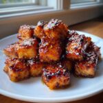 A close-up of perfectly cooked Honey Garlic Salmon Bites, glazed with a sticky sauce and visible mustard seeds.