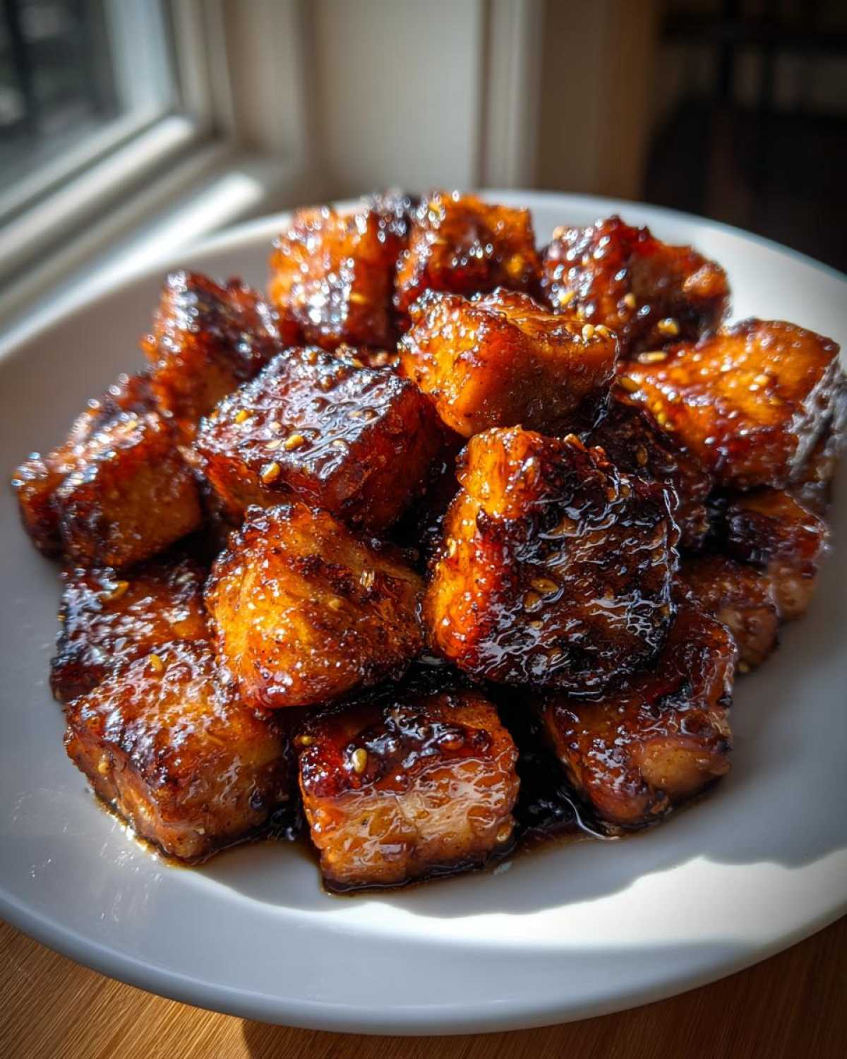 Close-up of shiny, caramelized Honey Garlic Salmon Bites piled on a white plate, glistening with sauce and sesame seeds.