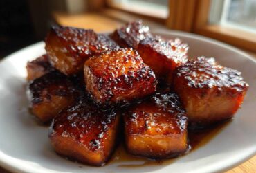 Close-up of perfectly caramelized Honey Garlic Salmon Bites glistening with a thick, dark glaze on a white dish.