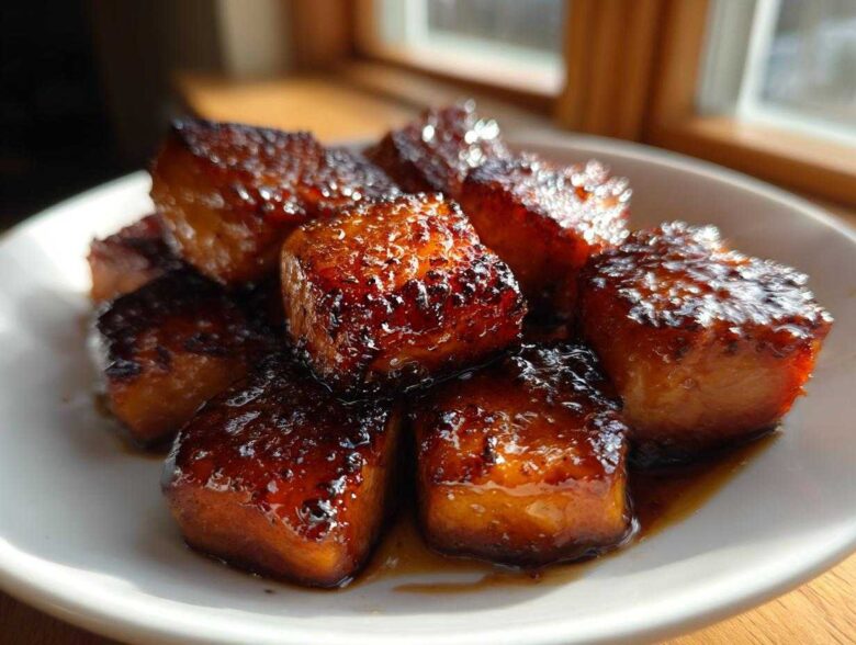 Close-up of perfectly caramelized Honey Garlic Salmon Bites glistening with a thick, dark glaze on a white dish.
