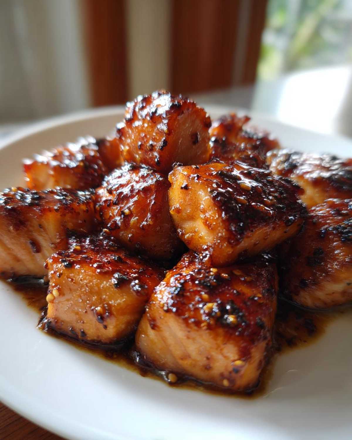 A pile of perfectly cooked, caramelized Honey Garlic Salmon Bites coated in a thick, dark glaze on a white plate.