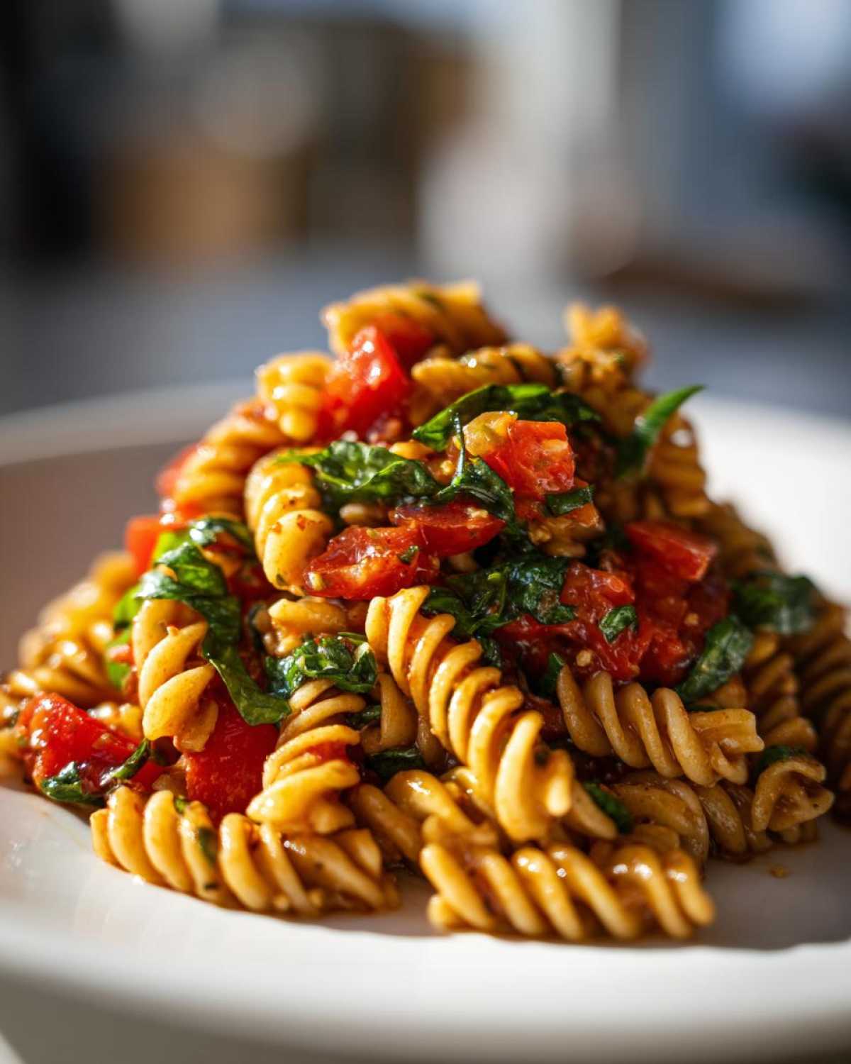 Close-up of a serving of Italian Bruschetta Pasta Salad featuring fusilli pasta, diced tomatoes, and fresh basil.
