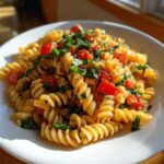 A close-up of a white bowl filled with Italian Bruschetta Pasta Salad featuring rotini pasta, diced tomatoes, and fresh basil.