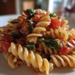 Close-up of Italian Bruschetta Pasta Salad featuring fusilli pasta mixed with diced tomatoes and fresh basil.
