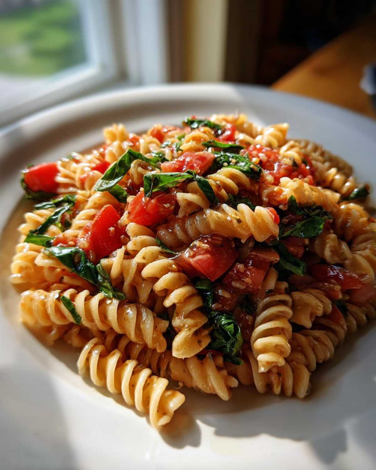 Close-up of a plate piled high with Italian Bruschetta Pasta Salad featuring fusilli pasta, diced tomatoes, and fresh basil.