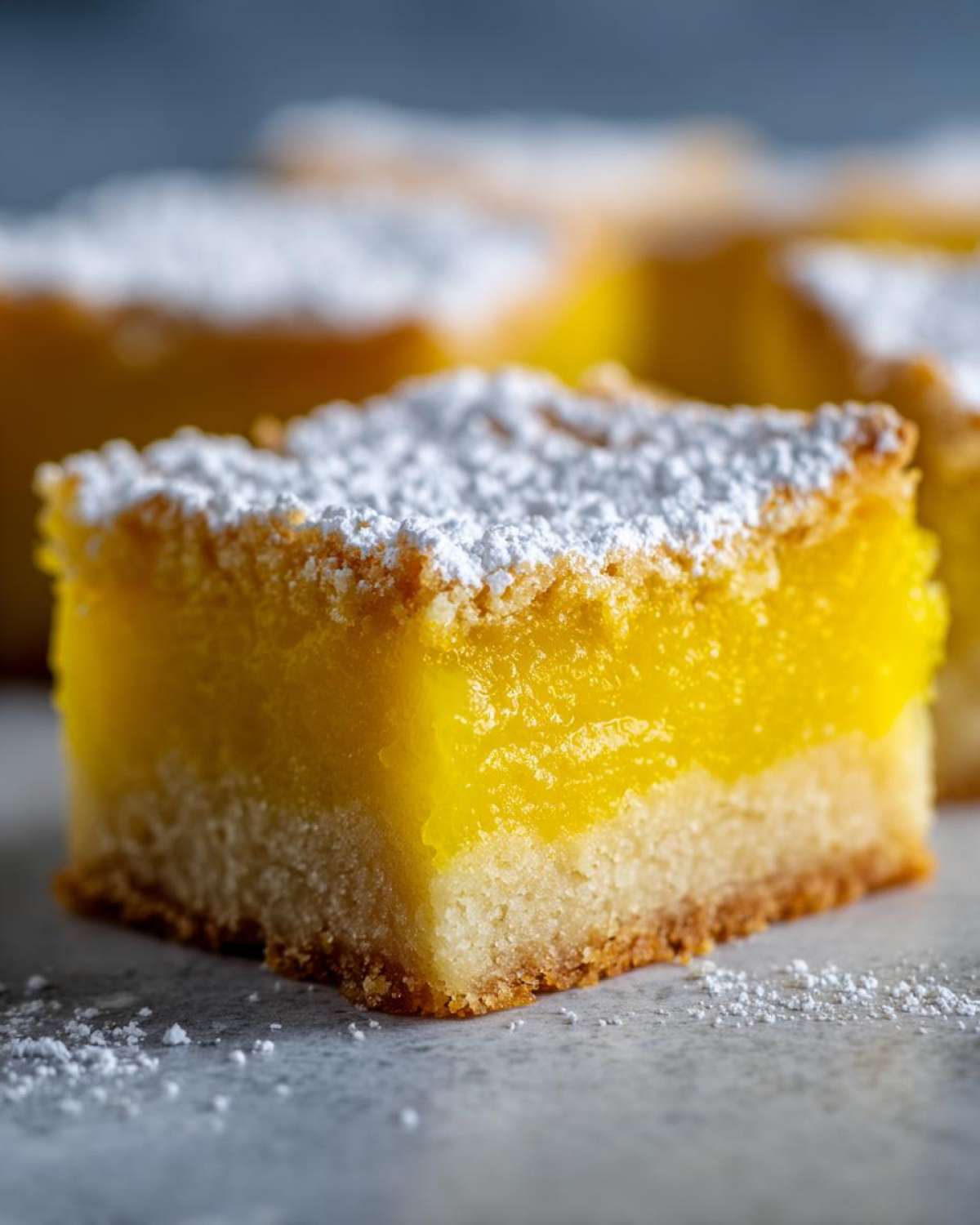 A close-up, macro shot of a single, thick Lemon Bar topped generously with white powdered sugar.