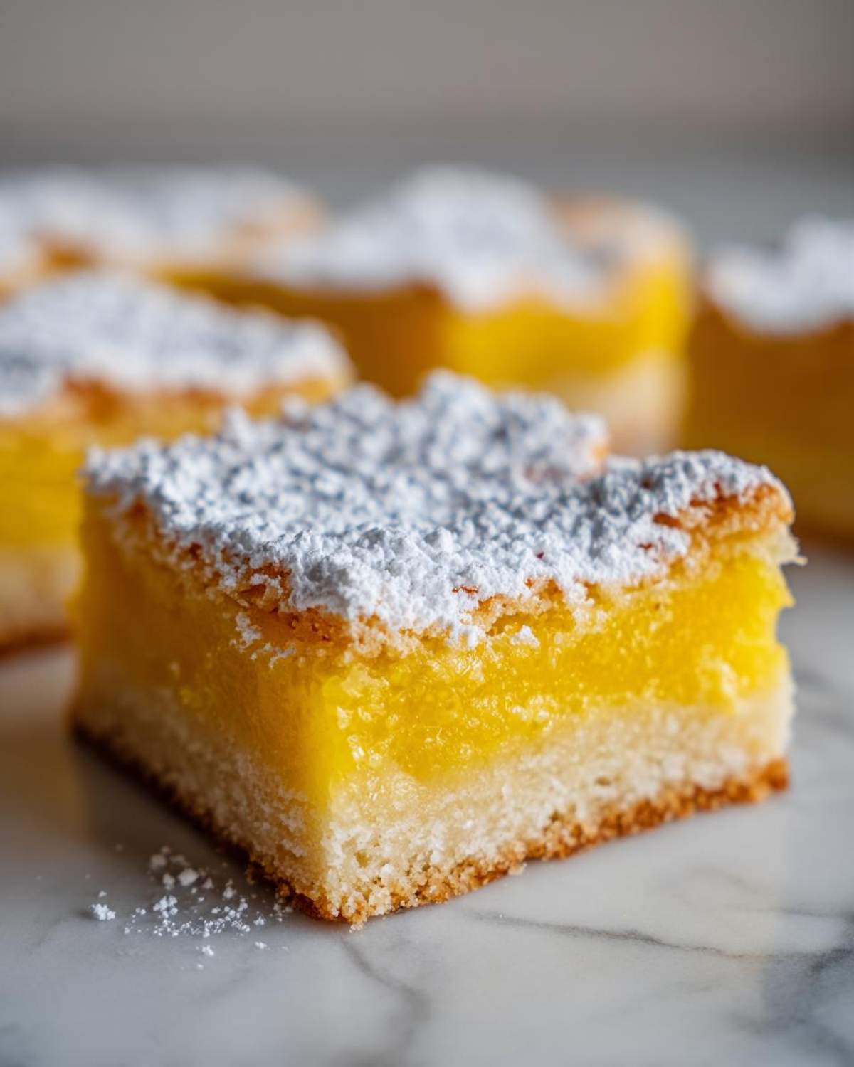 A close-up, single square of bright yellow Lemon Bars topped generously with white powdered sugar.
