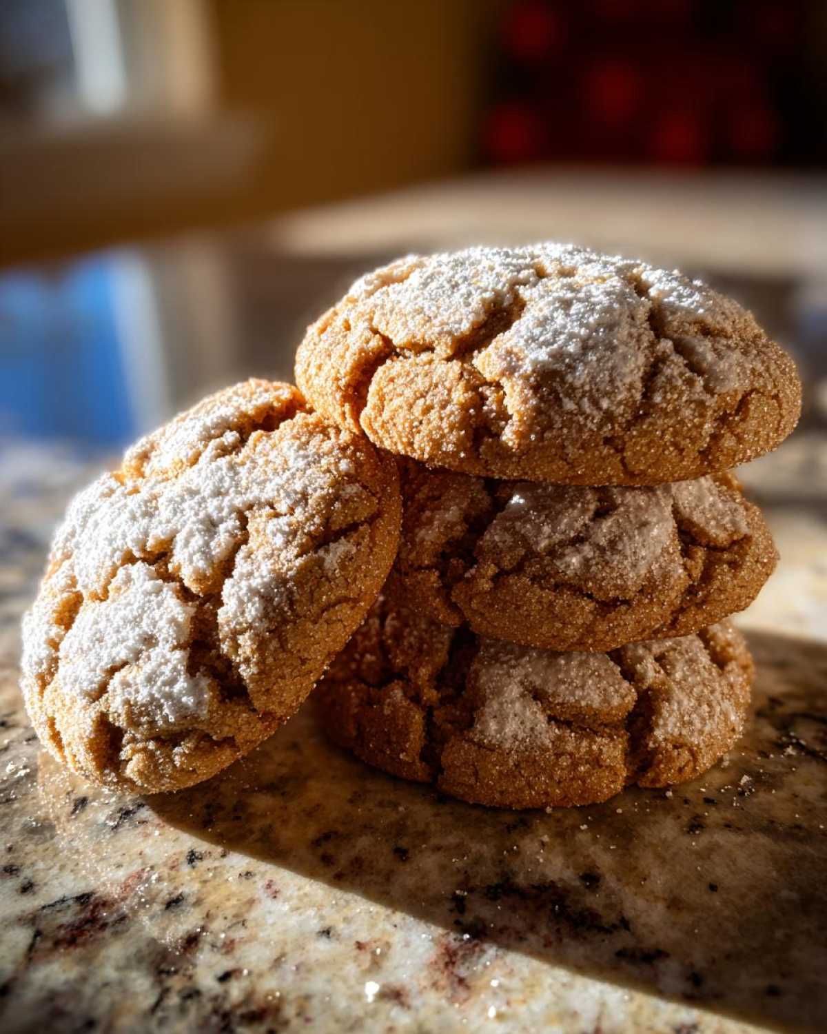 A stack of four soft Maple Brown Sugar Cookies dusted heavily with white powdered sugar, sitting on a granite counter.