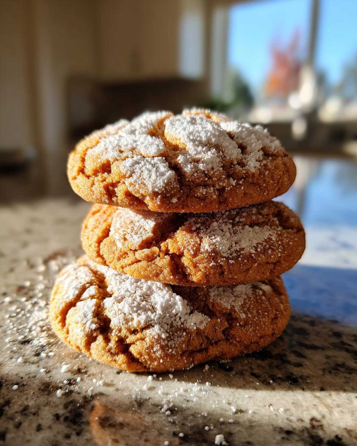 A stack of three soft Maple Brown Sugar Cookies dusted heavily with white powdered sugar, sitting on a granite countertop.
