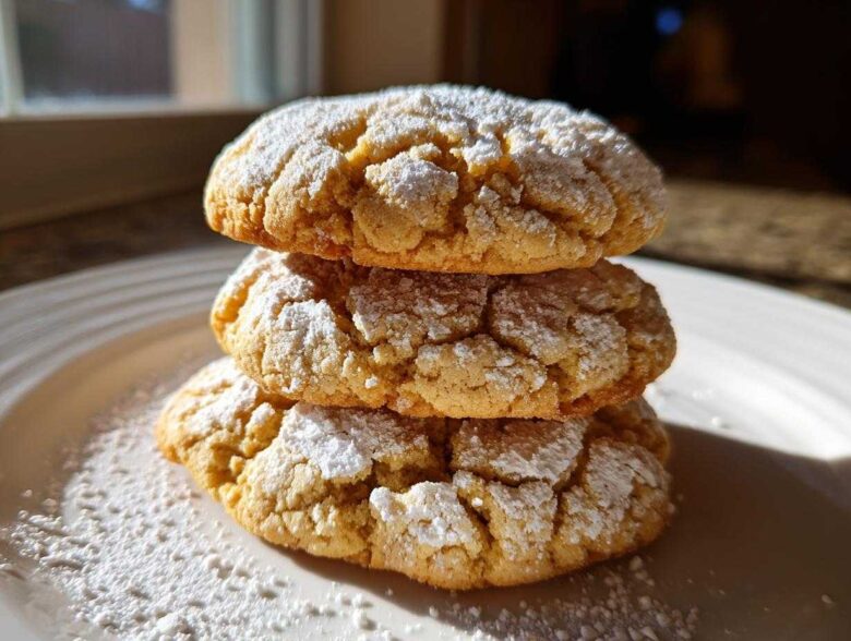 Three stacked Maple Brown Sugar Cookies dusted heavily with powdered sugar on a white plate.