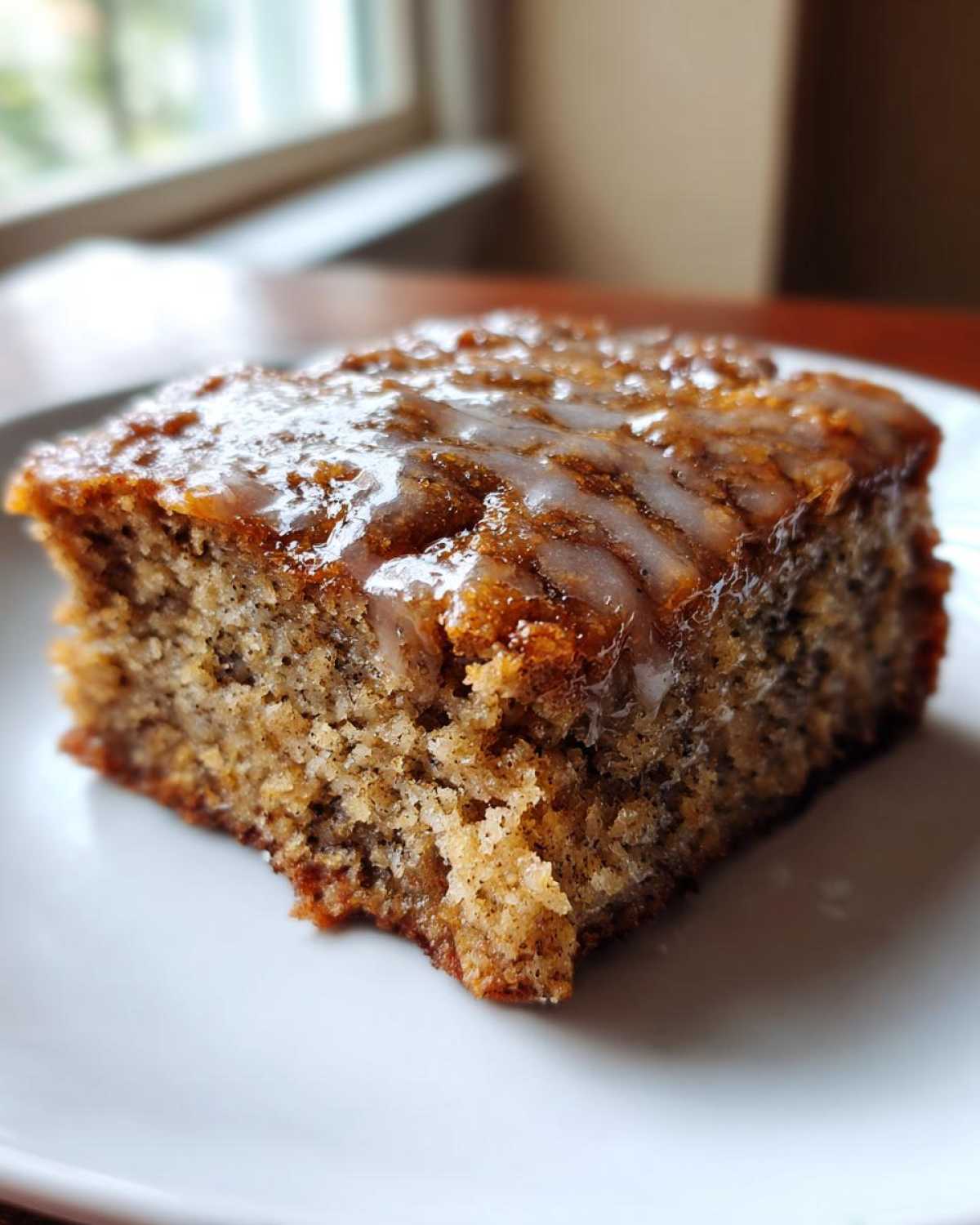 Close-up of a single square of Moist Banana Bars with Browned Butter Vanilla Glaze showing the moist crumb texture.