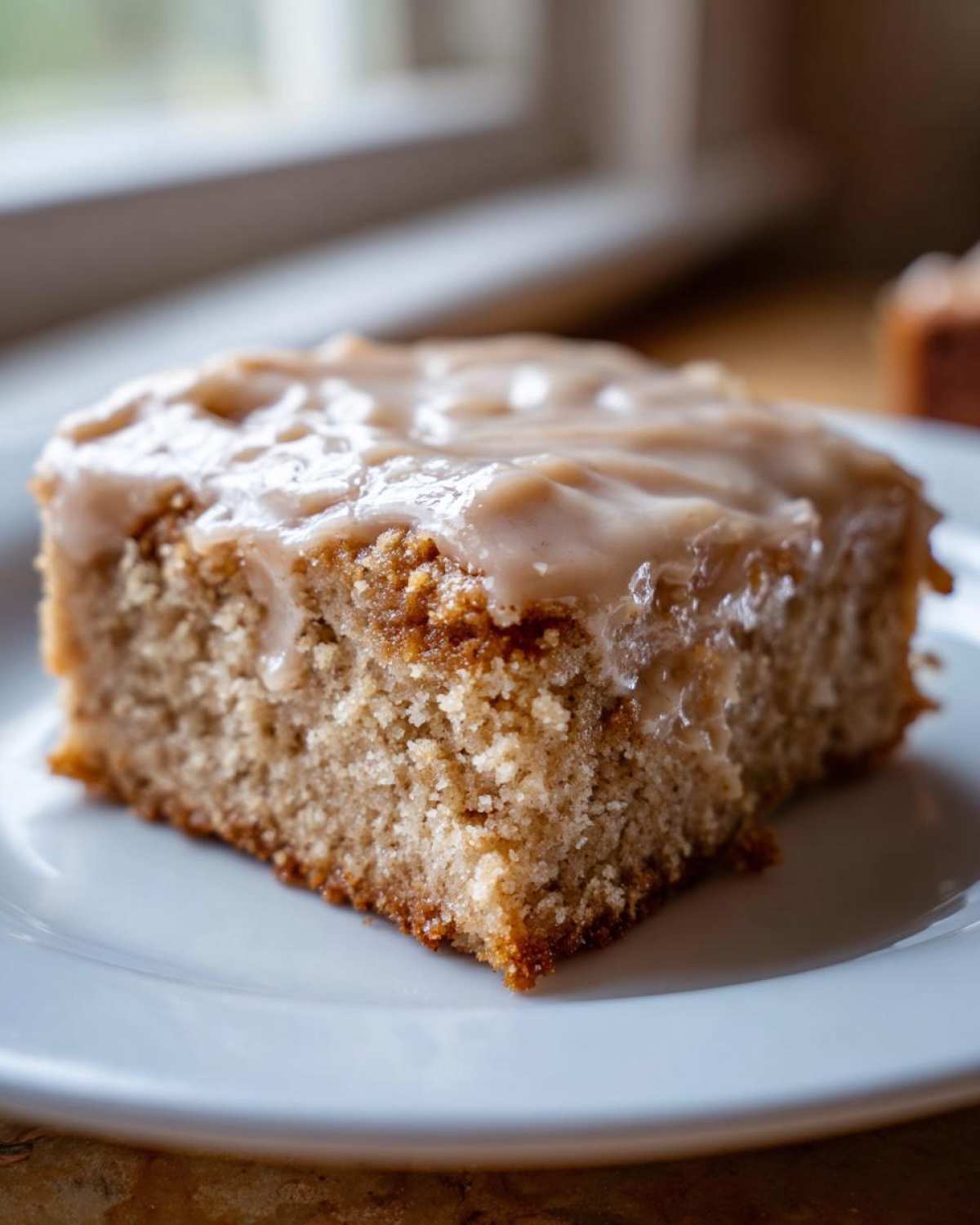 Close-up of a square slice of Moist Banana Bars with Browned Butter Vanilla Glaze on a white plate.