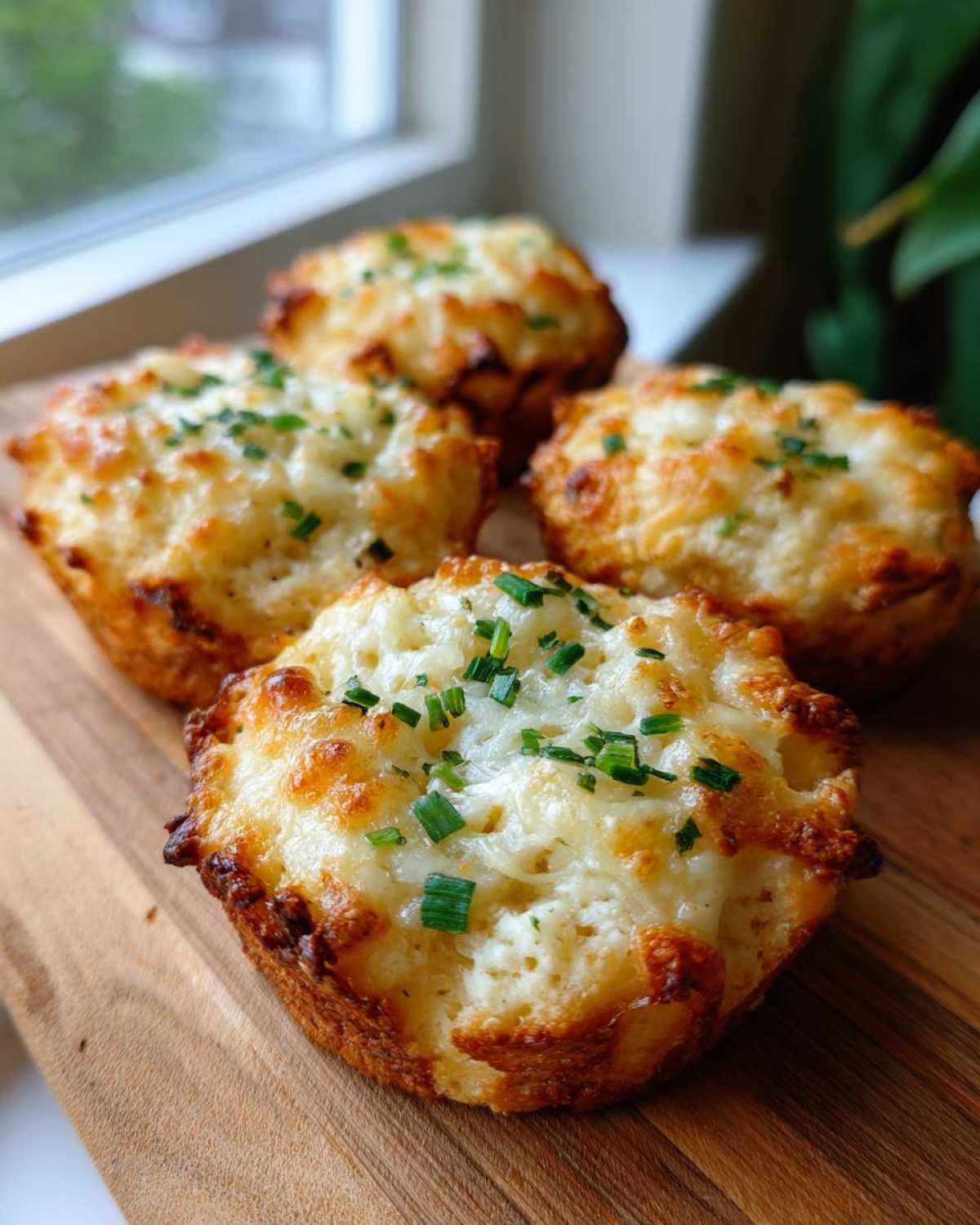 Four golden-brown Ritz Cheese Bites with melted cheese topping and fresh chives, resting on a wooden board.