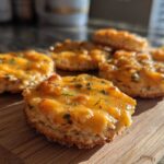 Close-up of several baked Ritz Cheese Bites topped with melted cheddar and parsley, resting on a wooden board.