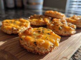 Close-up of several baked Ritz Cheese Bites topped with melted cheddar and parsley, resting on a wooden board.