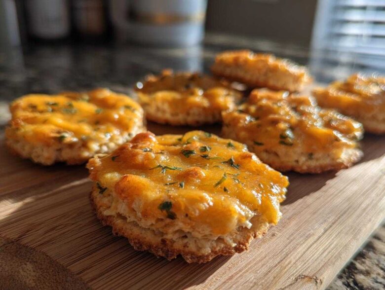 Close-up of several baked Ritz Cheese Bites topped with melted cheddar and parsley, resting on a wooden board.