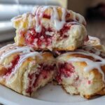 A stack of soft Strawberry Cheesecake Sweet Rolls, cut open to show the jammy filling and drizzled with white cream cheese icing.