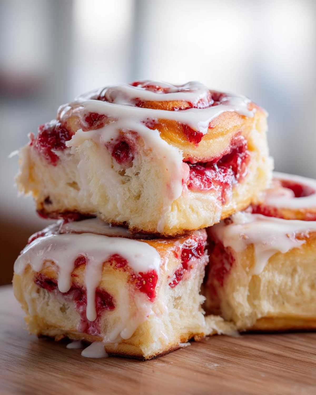 Three fluffy Strawberry Cheesecake Sweet Rolls stacked on a wooden board, drizzled generously with white cream cheese icing.