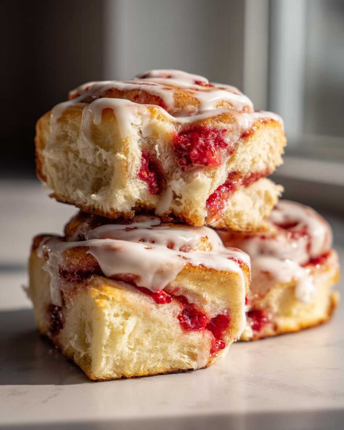 Close-up of stacked, fluffy Strawberry Cheesecake Sweet Rolls drizzled with white icing.