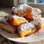 A plate stacked high with golden brown Vanilla French Beignets generously dusted with powdered sugar.