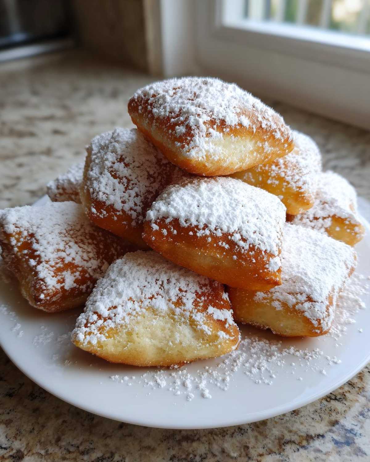 A pile of golden brown Vanilla French Beignets generously dusted with white powdered sugar on a white plate.