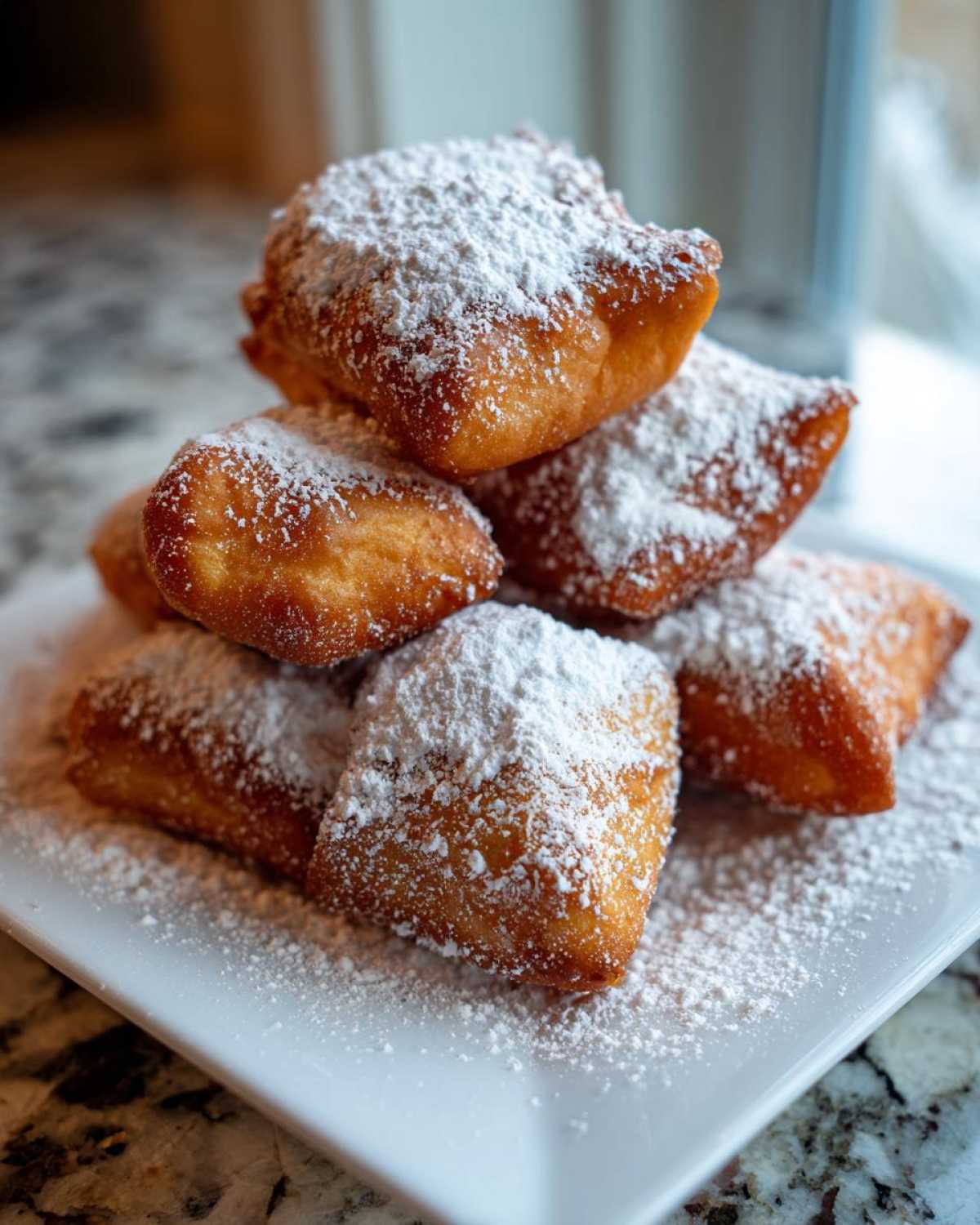 A stack of golden brown Vanilla French Beignets generously dusted with powdered sugar on a white plate.