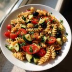 A white bowl filled with colorful, fresh Pasta Salad featuring fusilli pasta, chopped tomatoes, cucumbers, and black olives.