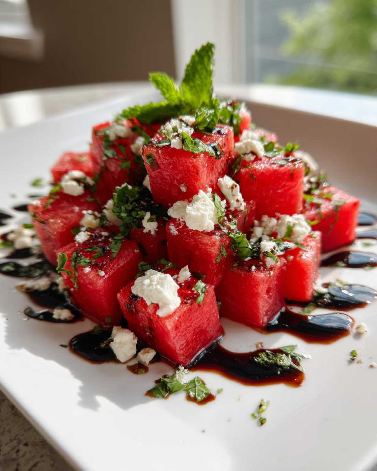 Close-up of stacked Watermelon Salad cubes topped with crumbled feta cheese, fresh mint, and a balsamic glaze drizzle.