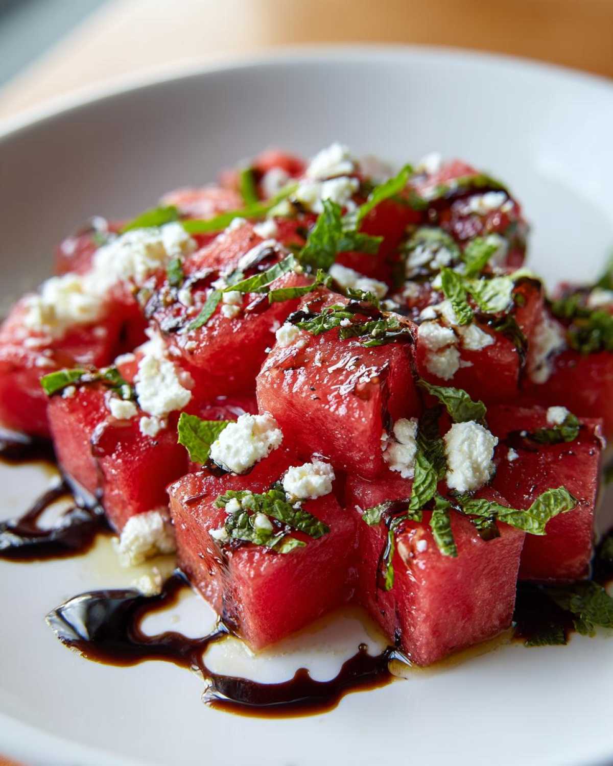 Close-up of vibrant Watermelon Salad cubes topped with crumbled feta cheese, fresh mint leaves, and a balsamic glaze drizzle.