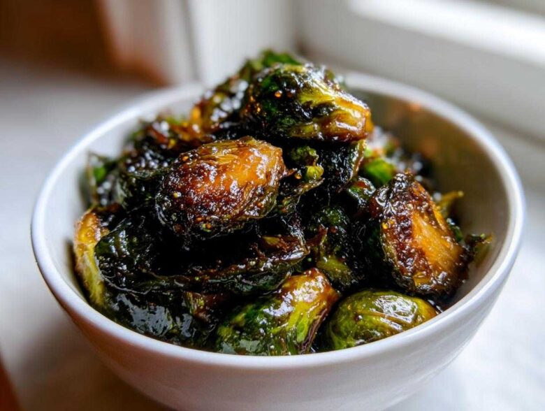Close-up of perfectly caramelized and glazed Yard House Brussels Sprouts served in a small white bowl.