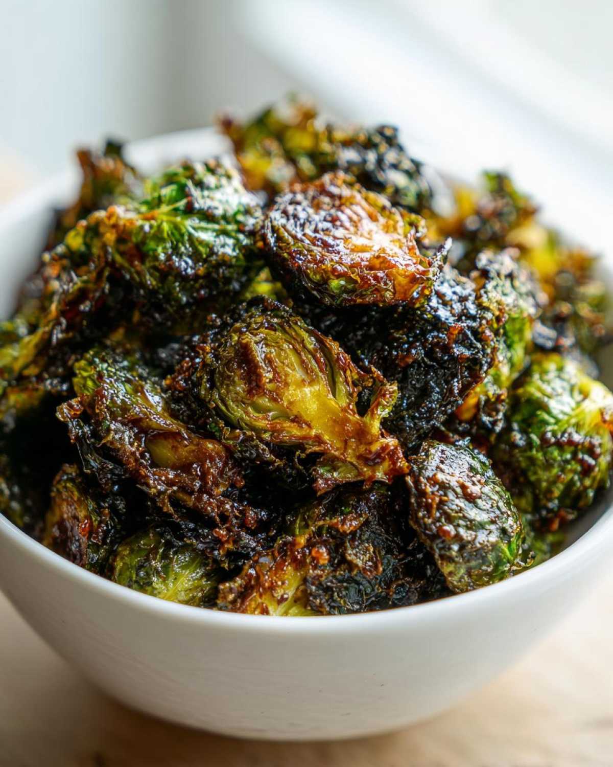 Close-up of crispy, caramelized Yard House Brussels Sprouts served in a white bowl.