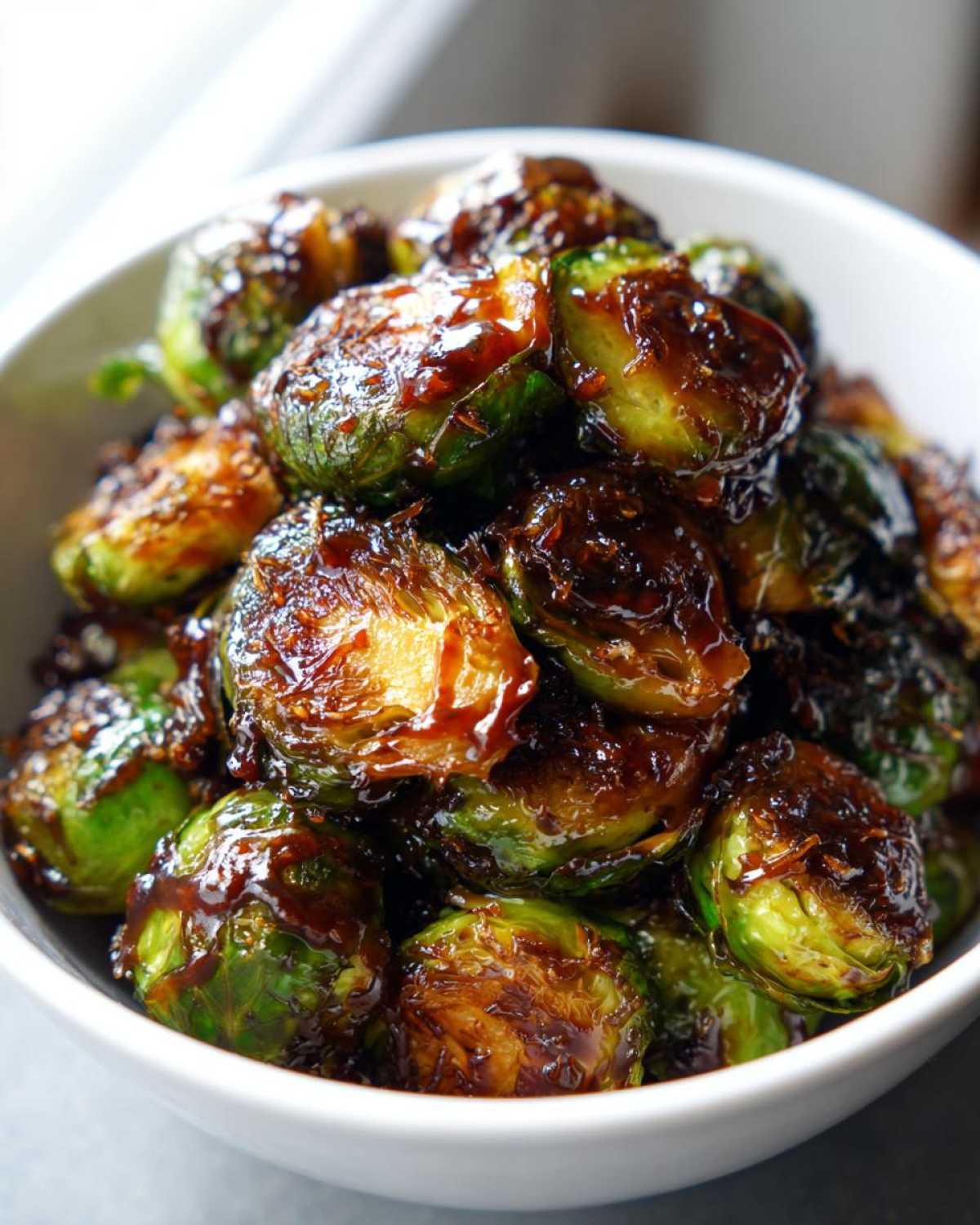 Close-up of crispy, glazed Yard House Brussels Sprouts piled high in a white serving bowl.