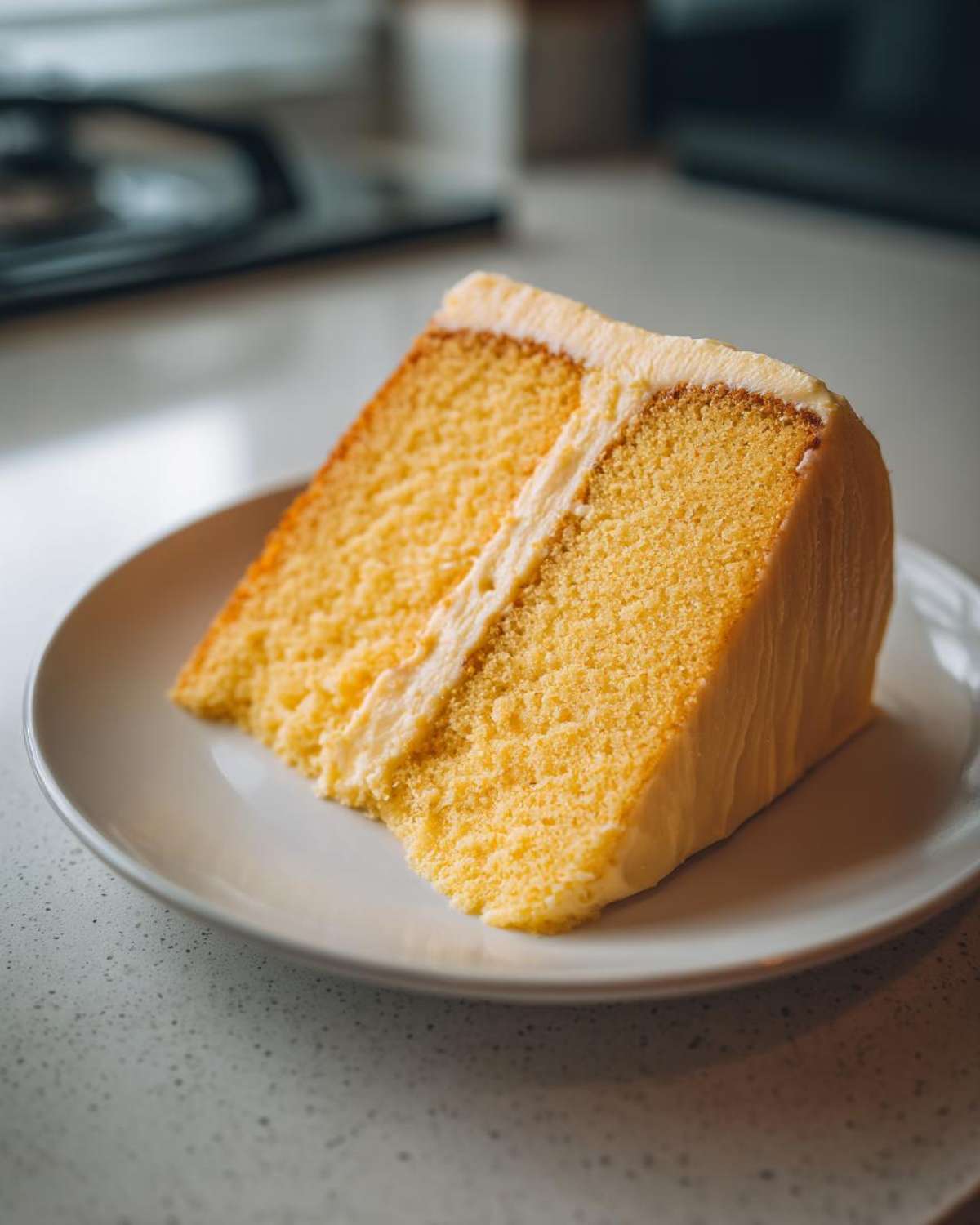 A close-up shot of a generous slice of Yellow Velvet Cake with creamy white frosting on a white plate.