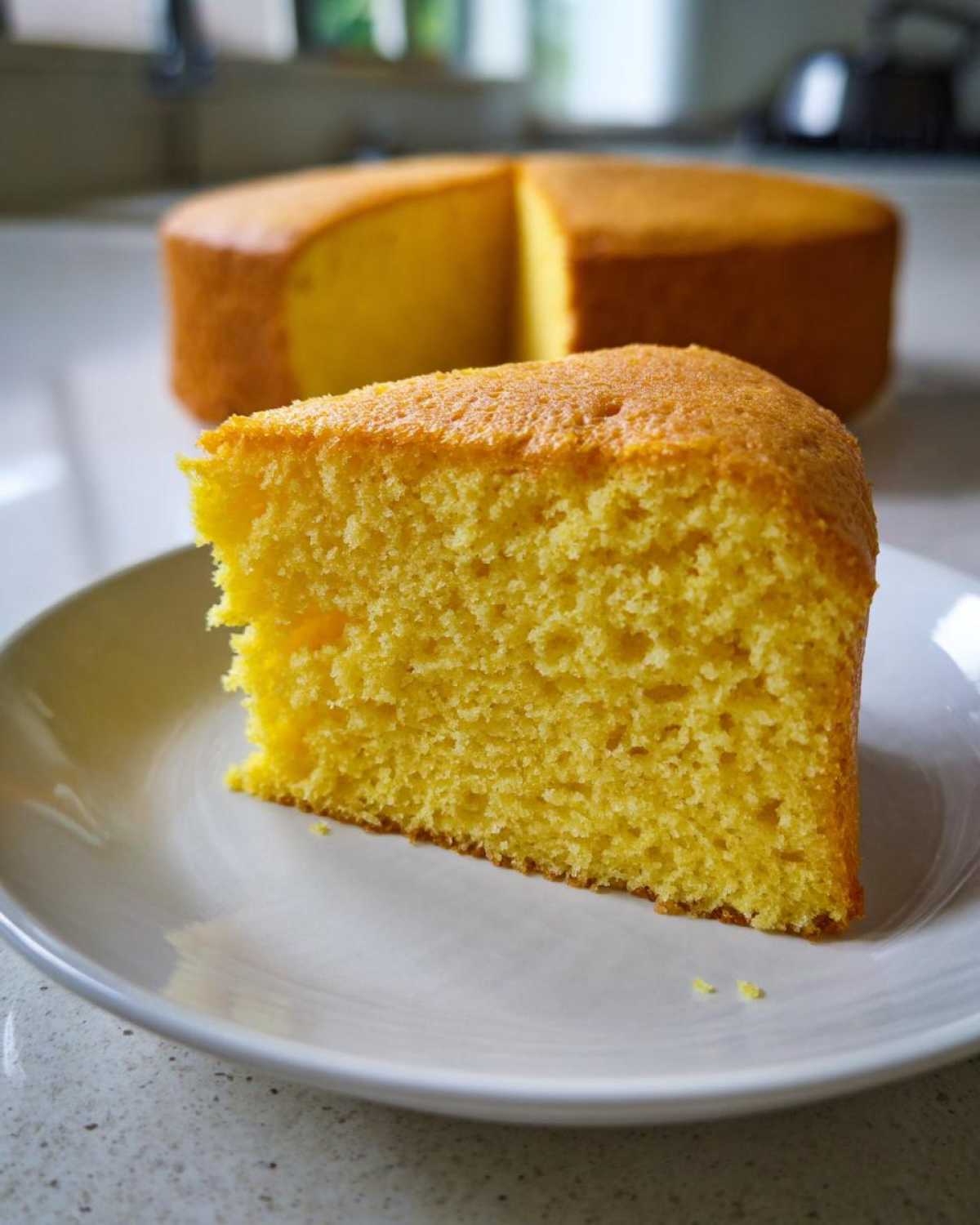 Close-up of a fluffy slice of Yellow Velvet Cake sitting on a white plate, with the rest of the cake blurred in the background.